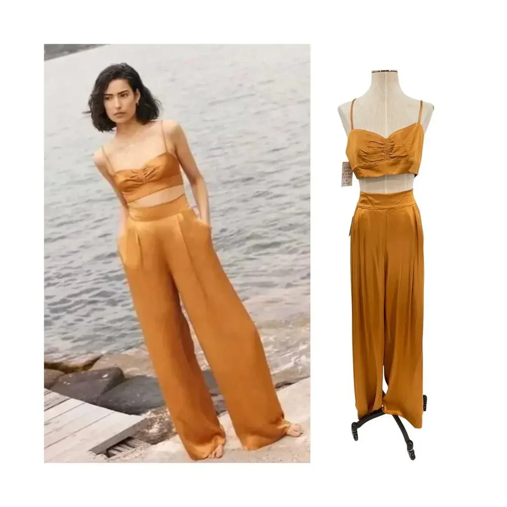 Shona Joy Alma Tuxedo Trouser Crop Top Matching Set Wide Leg Turmeric US 8 NWT